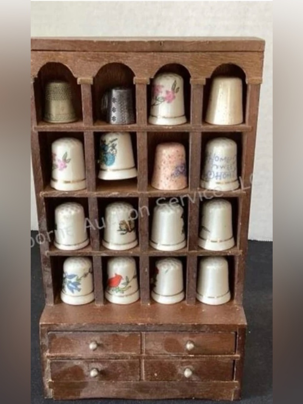 Vintage Miniature Thimble Hutch & Contents